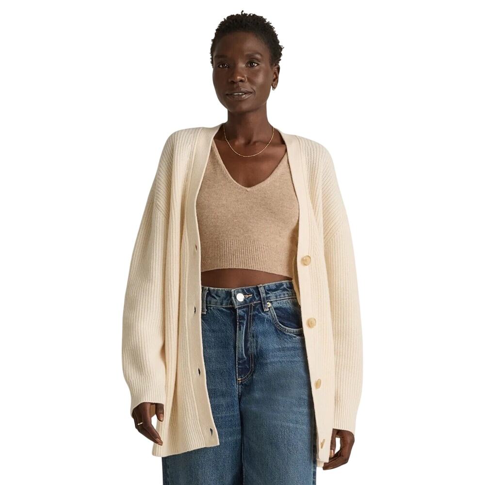 Quince Ivory Women's XS Mongolian Cashmere Oversized Boyfriend Cardigan Sweater